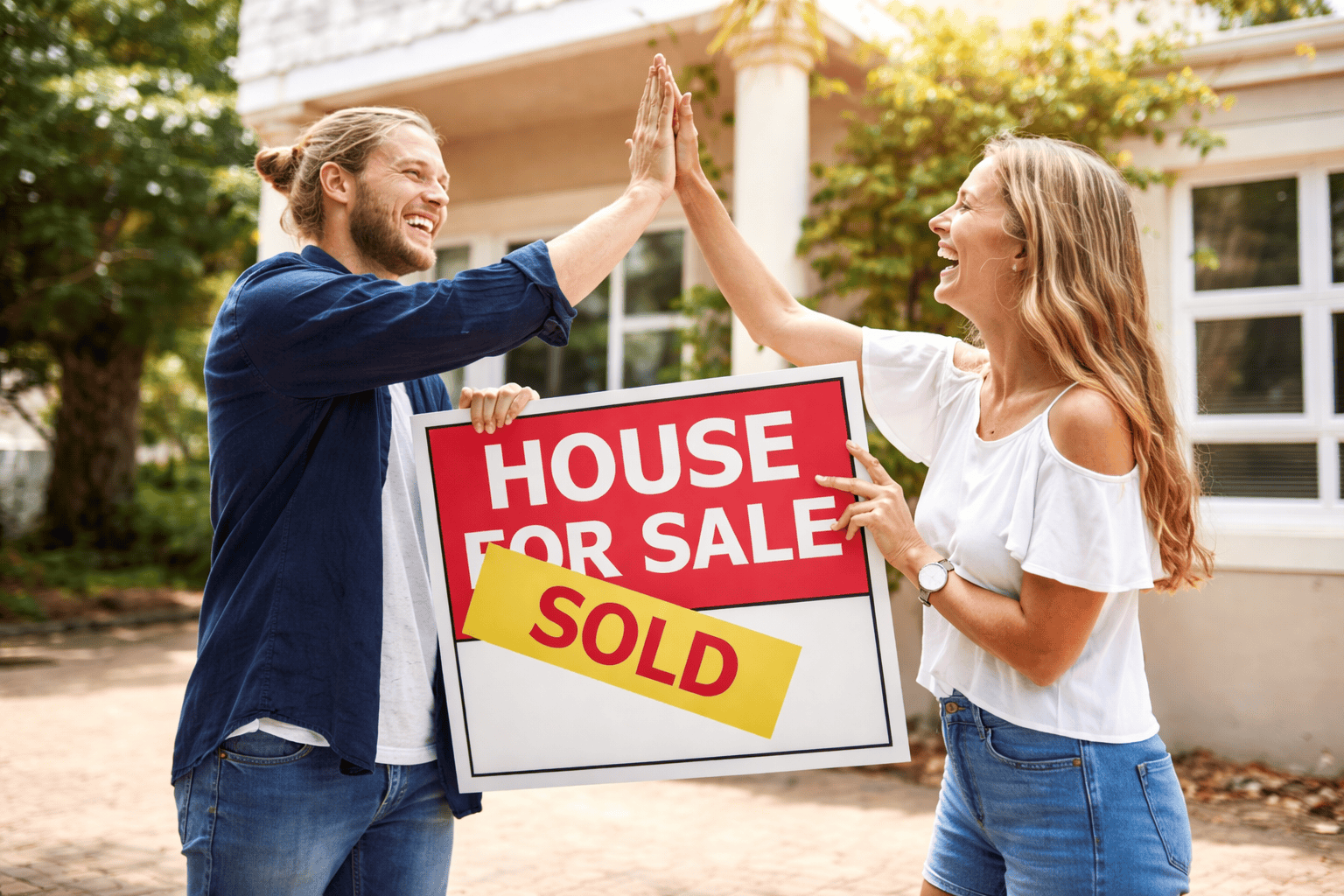 Happy homeowners celebrating a fast home sale with sold sign