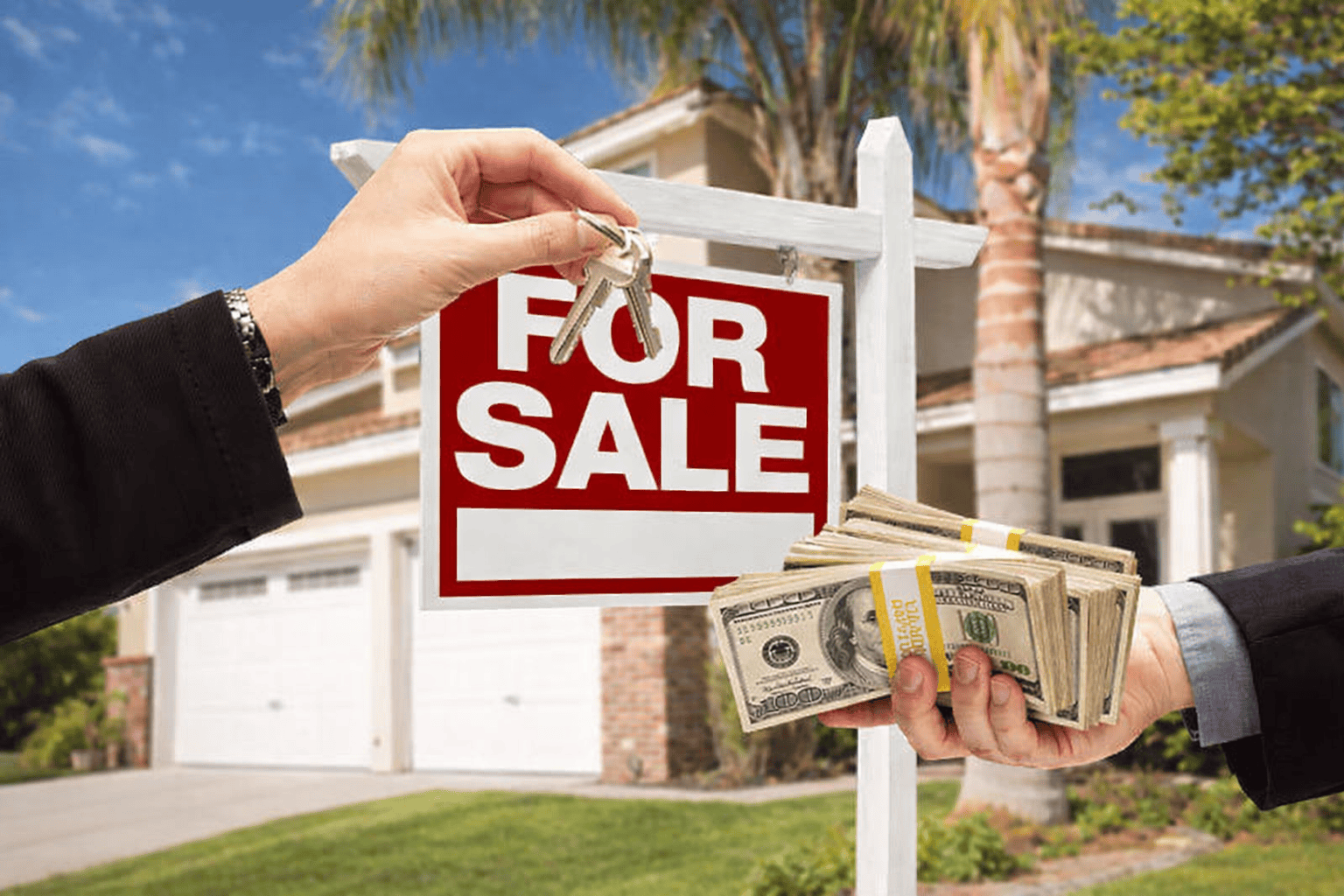 Cash buyer completing fast home purchase with keys and payment