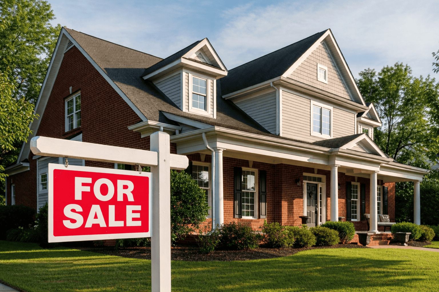 For sale sign outside a large brick West Babylon home