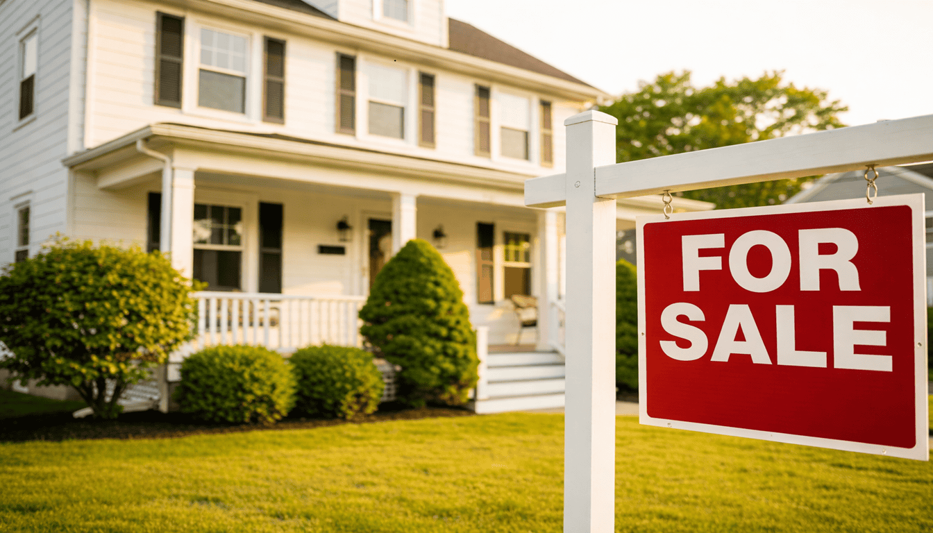 For sale sign outside a suburban home with lush green lawn