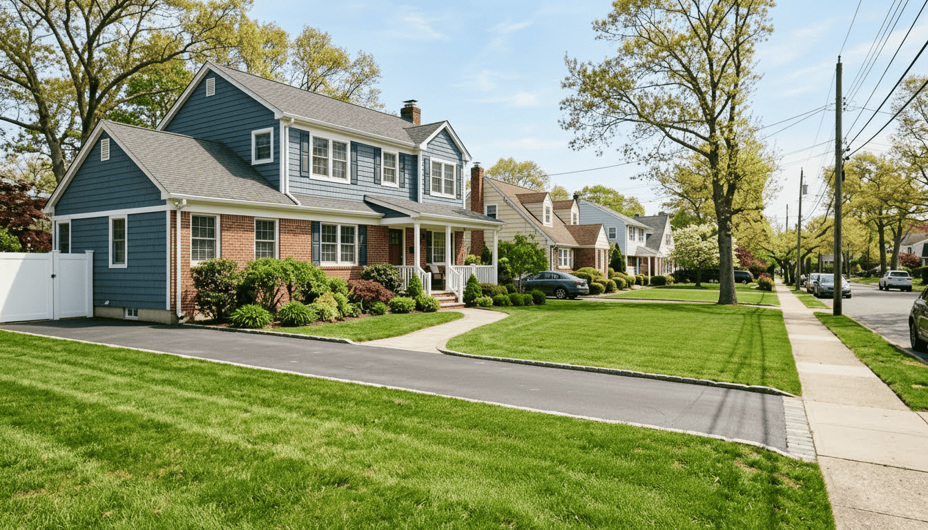 Suburban Long Island homes with clean lawns and driveways