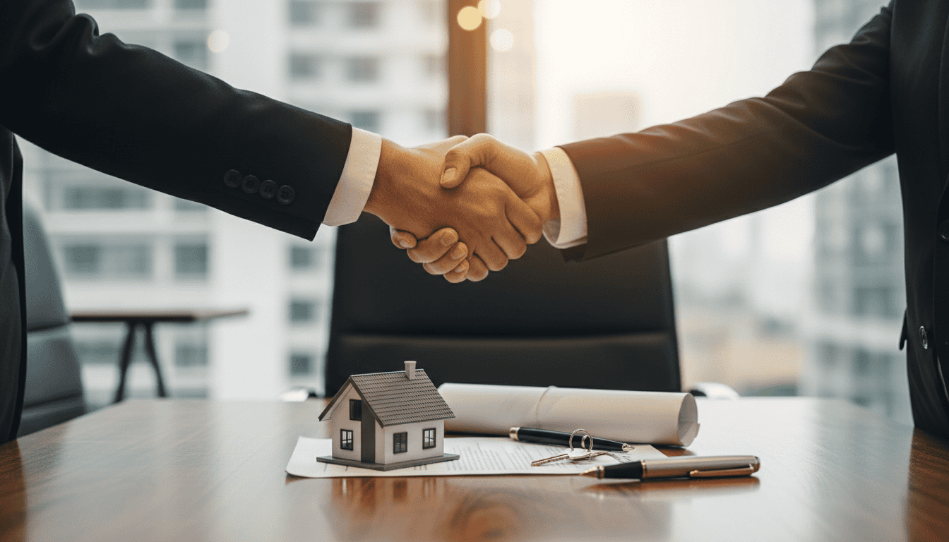 Two agents shaking hands over a house model and contract