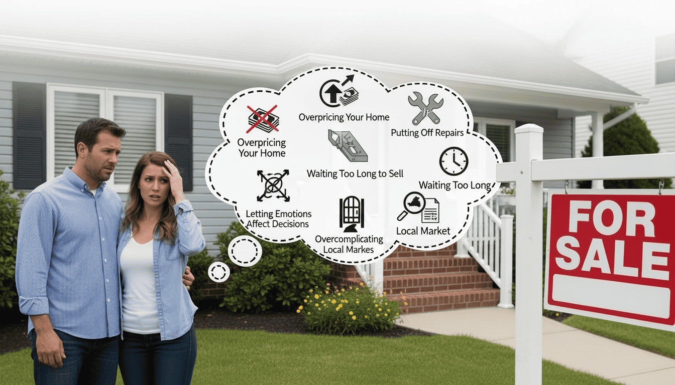 Worried couple outside home thinking about common selling mistakes