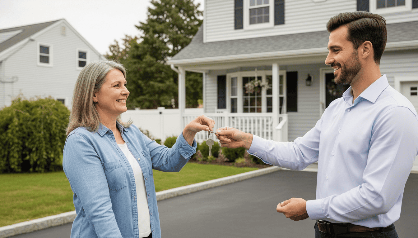 Smiling woman handing over house keys to new home buyer