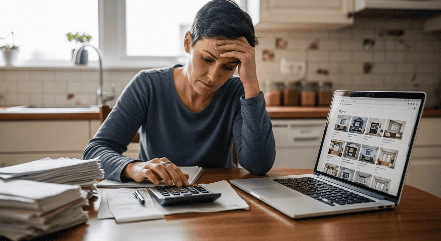Woman stressed calculating bills in financial hardship