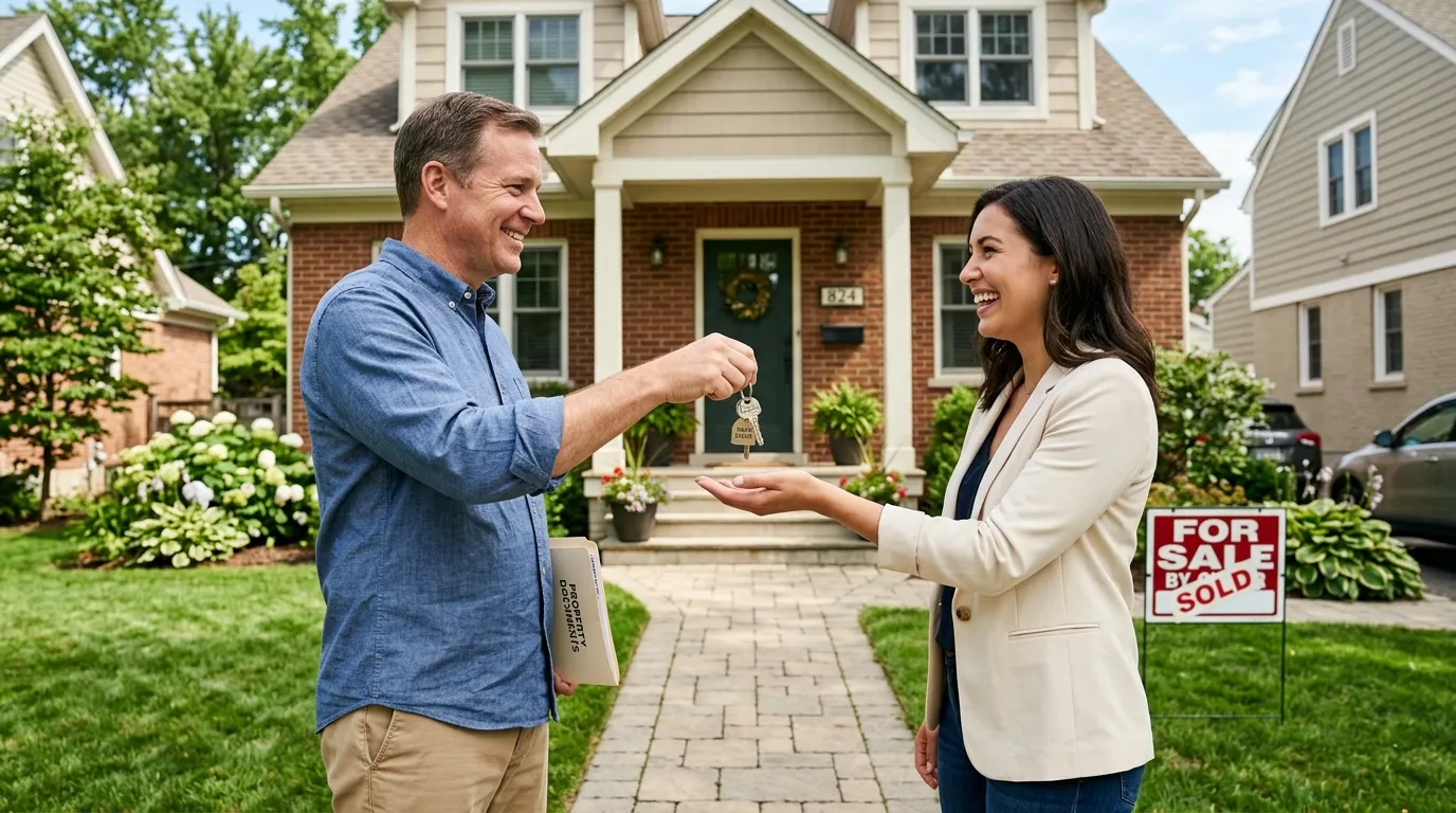 Homeowner handing over keys after selling house without a real estate agent