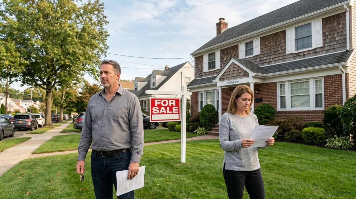 Couple reviewing papers outside home for sale during divorce
